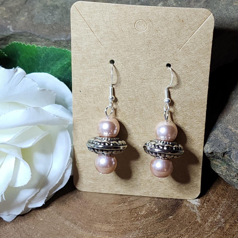 Hand Crafted Dangle Hook Earrings With Faux Pink Pearls and Silver Toned Accents